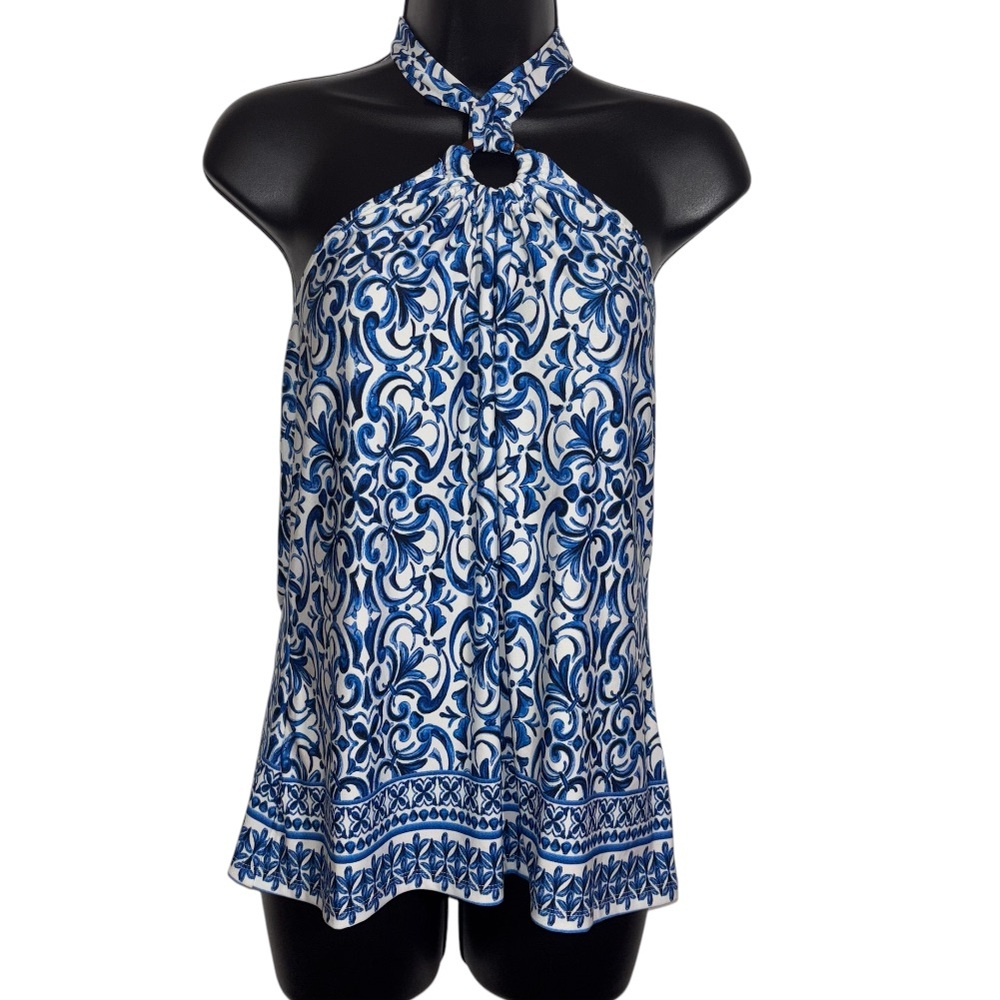 CeCe Halter Top Sleeveless Open Back Santorini Blue Print Women’s Size Medium